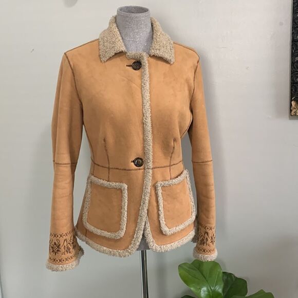 Telluride Clothing Co Camel Faux Shearling Coat With Embroidery At Cuffs Size M - Picture 3 of 17